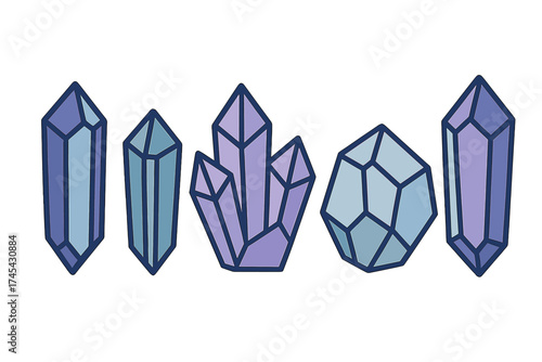 Set of five stylized geometric mineral crystals and gemstones in shades of blue and purple