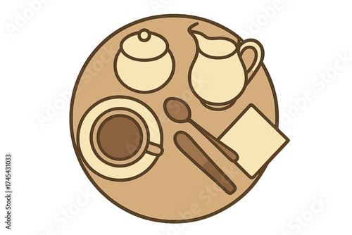 Minimalist overhead view of a coffee service setting with cup, creamer, and sugar