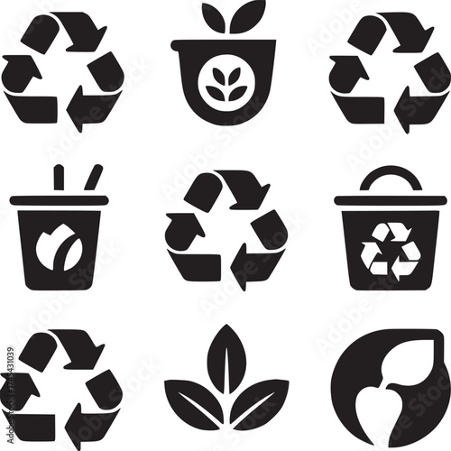 A collection of nine black and white icons related to recycling and environmental sustainability