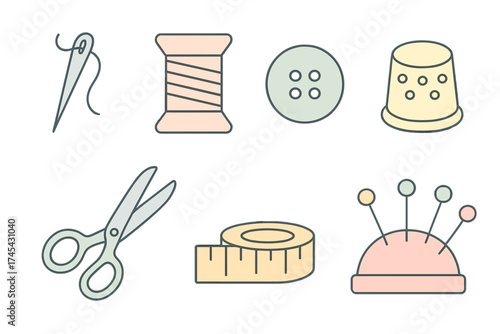 Essential sewing and tailoring equipment set including needle, thread, scissors, and measuring tape