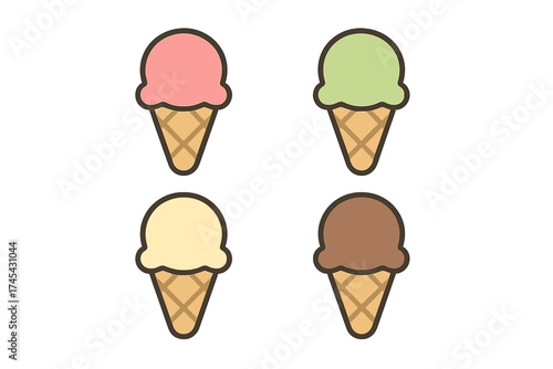 Set of four colorful ice cream cones featuring various popular flavors in a simple graphic style