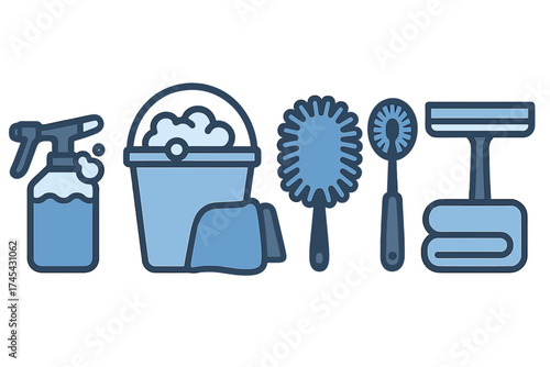 Essential household cleaning supplies set including spray bottle bucket and various brushes