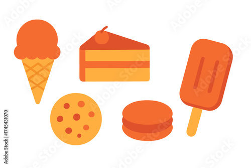 Colorful assortment of popular sweet desserts including ice cream, cake, and cookie