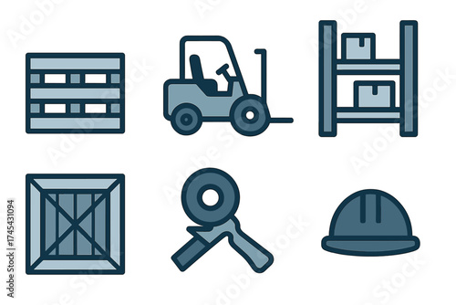Monochromatic icons representing industrial logistics, material handling, storage, and safety equipment