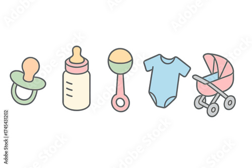 Colorful set of newborn accessories and childcare essentials pacifier bottle rattle onesie pram