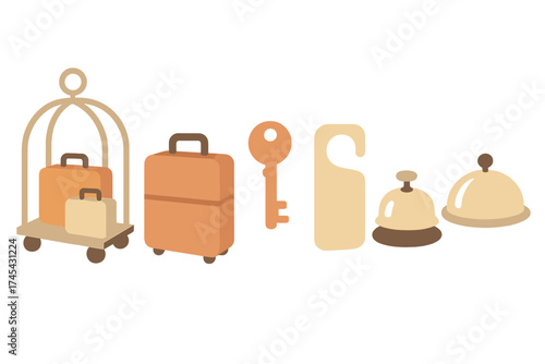 Essential collection of hotel service and travel items including luggage, key, bell, and door hanger