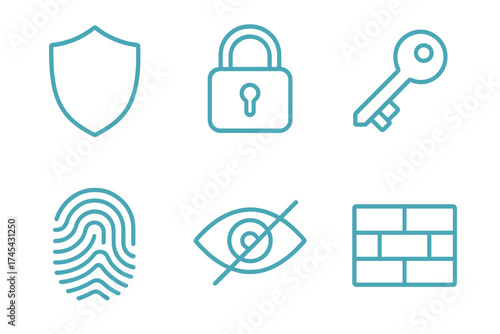 Essential security and privacy icons set with shield, padlock, key, and fingerprint symbols