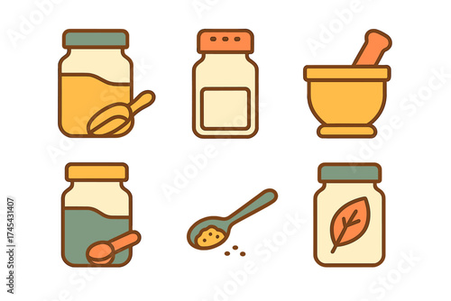 Natural medicine and herbal remedy tools: jars, spoons, mortar and pestle set