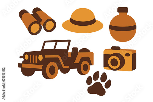 Essential safari and adventure travel equipment featuring an off-road vehicle, camera, and binoculars