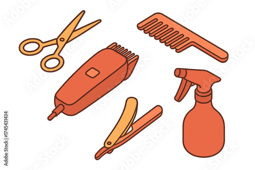 Isometric set of essential tools for barber shop or hair salon including clippers scissors and comb