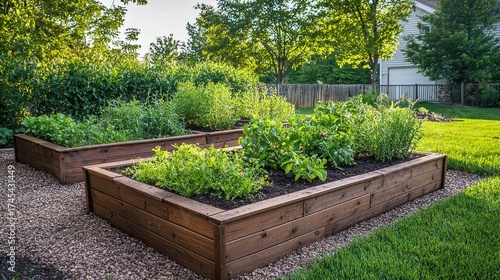 Fototapeta Naklejka Na Ścianę i Meble -  Woman planting a variety of herbs in raised garden beds.