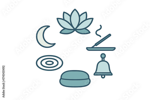 Essential symbols and objects for spiritual wellness, meditation, and mindful relaxation