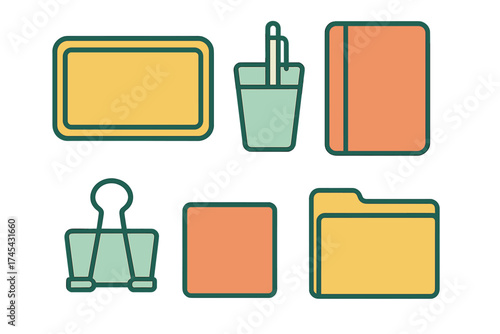 Flat design icons of essential office supplies including folder notebook and pencil cup