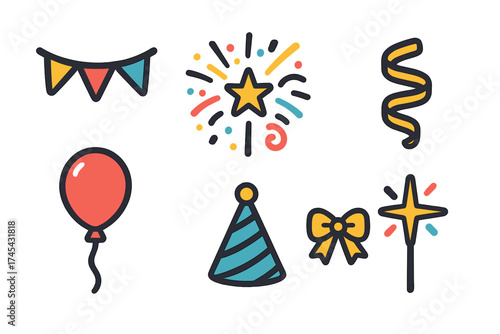Colorful set of celebration icons including party hat, balloon, fireworks, and festive decorations