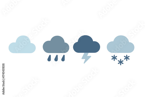 Four simple flat design weather forecast symbols representing cloudiness, rainfall, lightning storm, and snowfall