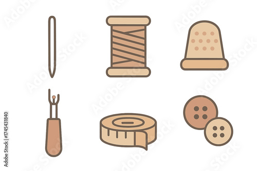 Essential sewing and tailoring tools set including needle, thread, thimble, measuring tape, and buttons