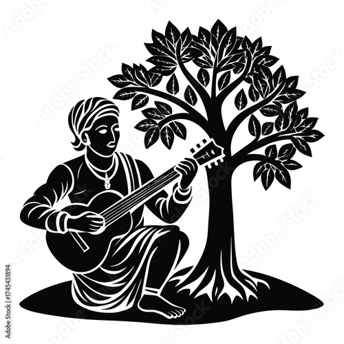 Guitarist under a Tree Silhouette Arts and Crafts Black and White on White Background