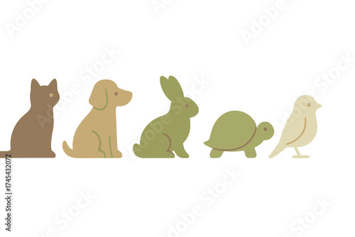 Simple graphic silhouettes of five different animals: cat, dog, rabbit, turtle, and bird