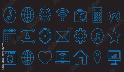 Set of simple modern thin line icons on black background