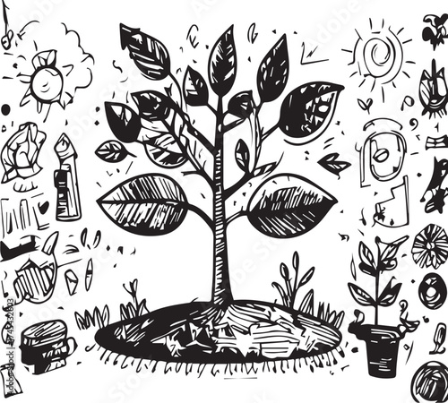 Stylized Tree with Leaves and Surrounding Sketches in Black and White