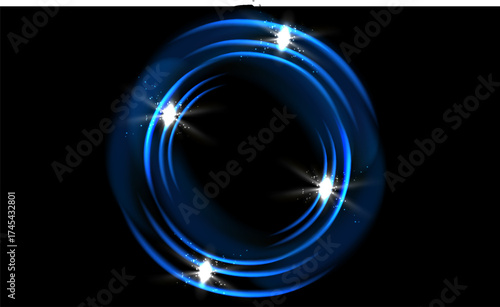 Abstract background of glowing neon lights of white pink colors on circle shaped lines on shiny reflecting stage