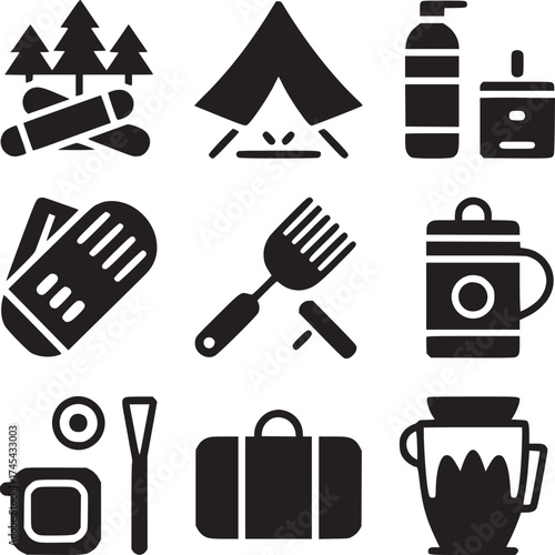 A collection of camping themed icons including a tent, fire, and cooking utensils in black and white