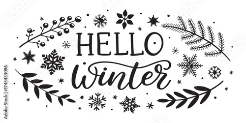 Welcoming winter's charm with elegant snowflakes and frosty foliage art for seasonal designs and greetings, adding a festive touch to your projects