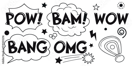 Dynamic comic expressions with bold typography shout POW BAM BANG OMG WOW, perfect for adding playful energy to any design project or creative campaign