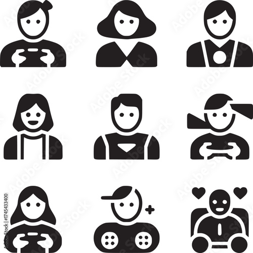 Nine black and white icons depicting people in various activities and professions in a grid pattern