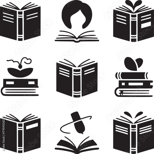 A collection of black and white book illustrations featuring open books and reading related icons