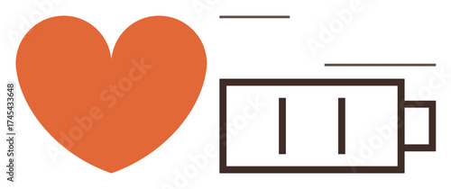 Large orange heart alongside minimalistic low battery icon. Ideal for concepts of burnout, fatigue, emotional stress, work-life balance, self-care, mental energy, physical well-being. Simple flat