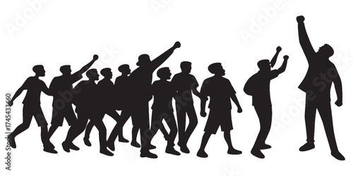Empowered crowd silhouette protesting for social justice, raising fists in unity and solidarity, ideal for advocacy campaigns and community empowerment visuals