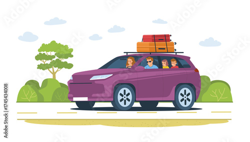 A family with children is traveling in a car. Vector illustration.