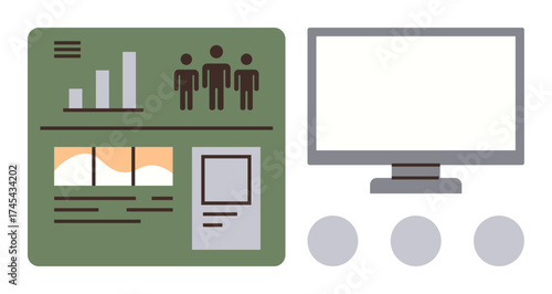 Data dashboard combining user analytics, charts, and monitor. Highlighted sections include performance measures and detailed visual elements. Ideal for analytics, data visualization, teamwork