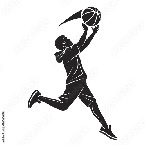 Silhouette of a young man in mid air jumping and shooting a basketball with motion lines