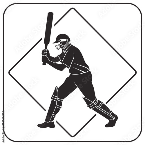 Silhouette of a cricket batsman in protective gear swinging a bat inside a diamond shape