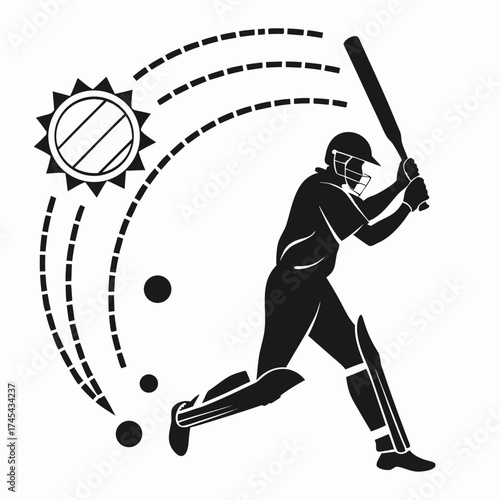 Silhouette of a cricket batsman in action hitting a shot with the sun and balls in the background