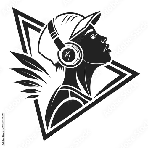 Stylized silhouette of a person wearing headphones and a cap with abstract geometric elements