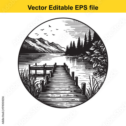 Vector art of circular vintage illustration of a wooden pier leading to a lake with mountains