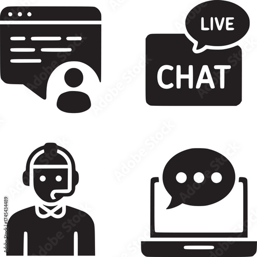 Four black and white icons depicting online communication and customer service assistance elements design