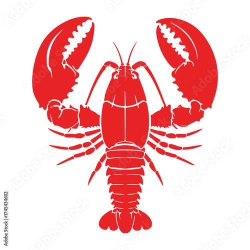 A striking red lobster illustration with prominent claws and detailed features