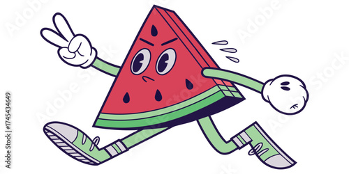 Quirky watermelon character sprinting with determined expression, radiating summer energy and playful vibes, perfect for fun designs and branding