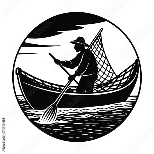 Fisherman Silhouette Rowing Boat with Net Illustration Graphic Art on White Background
