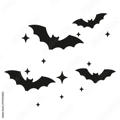 Silhouette of bats flying among stars in a halloween themed design with a spooky and festive feel