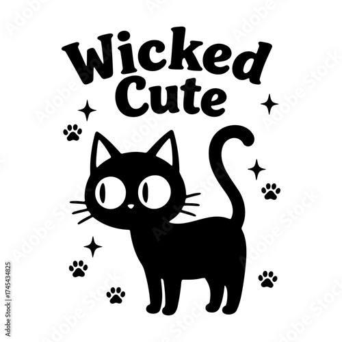 Illustration of a black cat with the words wicked cute paw prints and stars in black and white design