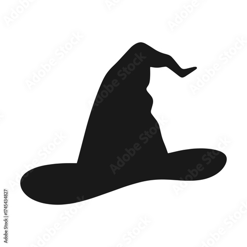 Silhouette of a classic black witch hat with a pointed top and a wide brim on a white background
