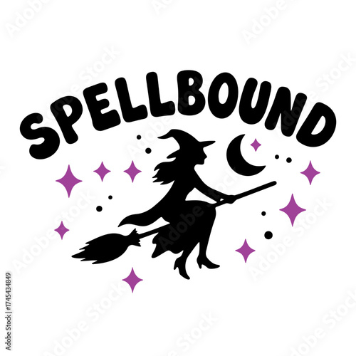 Silhouette of a witch flying on a broomstick with stars and a moon and the word spellbound above her