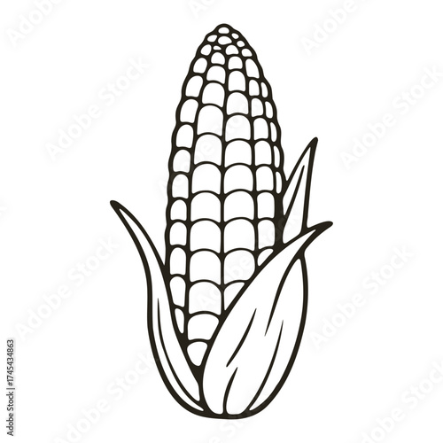 An illustration of a corn cob with husks, depicted in a simple black and white outline style drawing