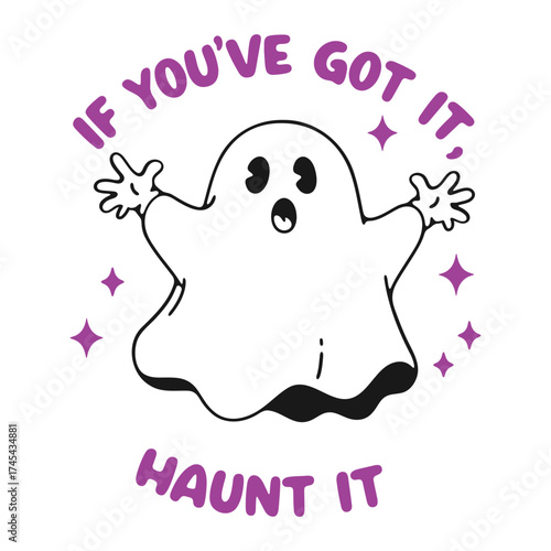 Cartoon ghost with open mouth and raised hands surrounded by stars and halloween themed text above and below