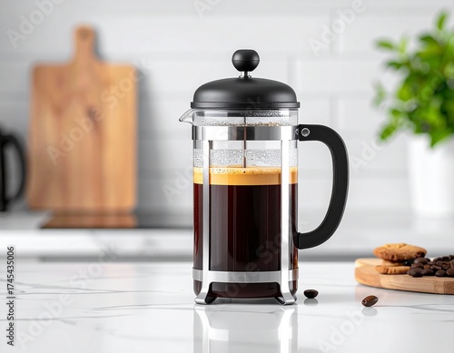 French press coffee maker on wooden table – classic morning brew and cozy café style